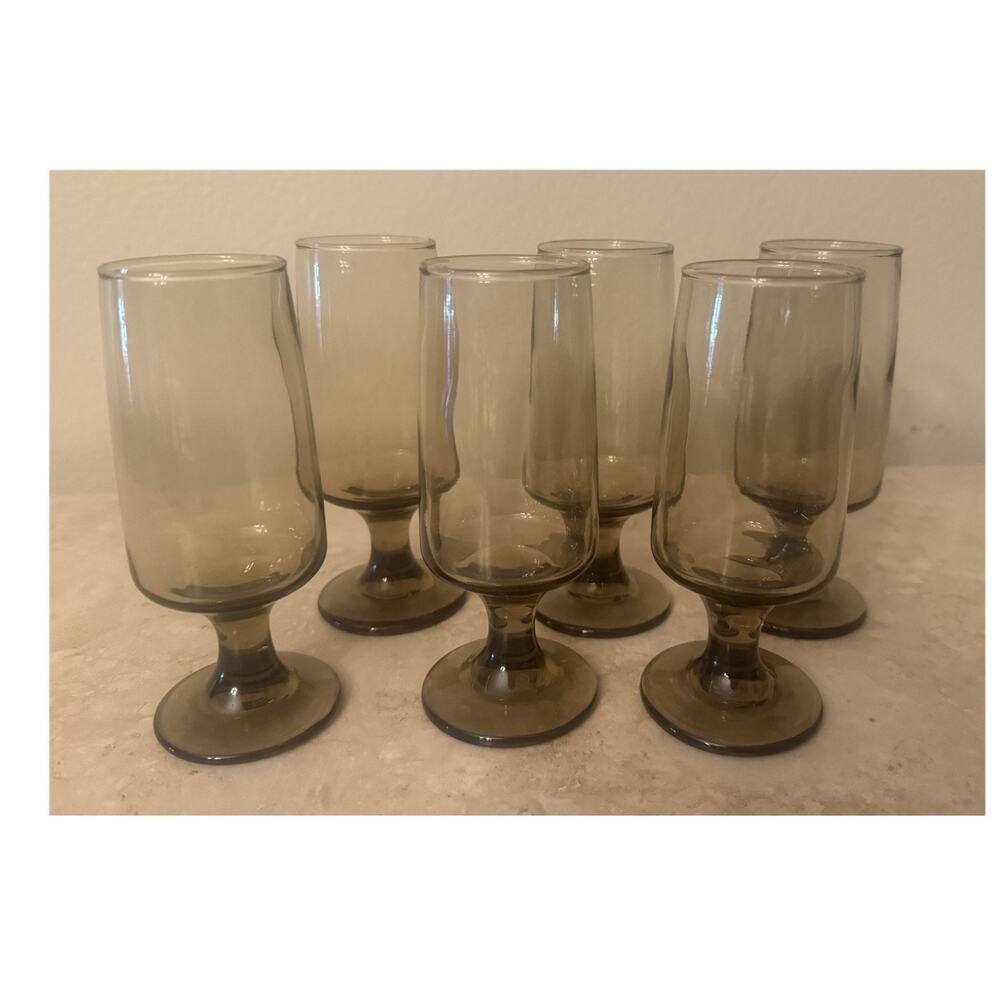 Vtg. Libbey Tawny Set of 6 Smoky Brown Round Glasses 5.75" Tall 2.5" Diameter